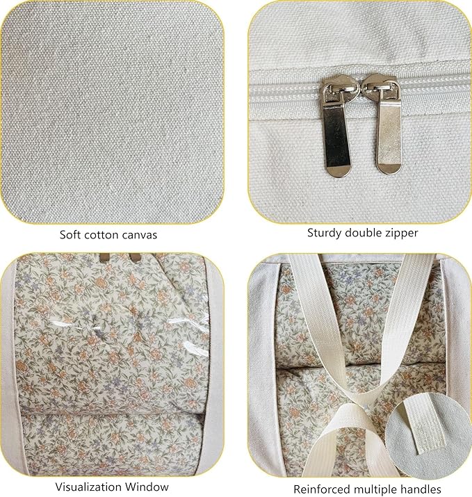 Soft Canvas Clothes Storage Bags with Four Carrying Handles and Clear Window, Closet Organizer for Clothing, Blankets Sheets Pillows and Bedding, 55L, White