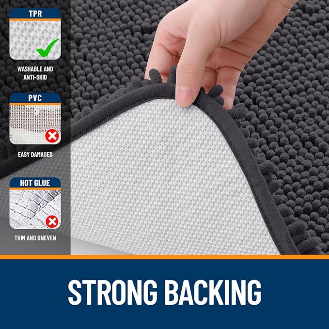 OLANLY Bathroom Rugs Sets 2 Piece, Soft Absorbent Chenille Bath Mats and U-Shaped Contour Toilet Mat Area Rug Set, Machine Washable Bath Carpet, Home Decor Accessories(30"x20"+24"x20", Dark Grey)