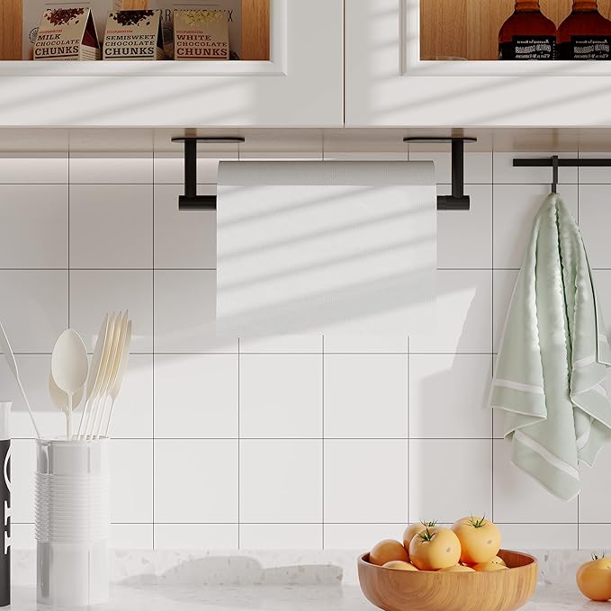 Ruacq Matte Black Paper Towel Holder Double Post Pivoting Round Base Under Cabinet Paper Towel Holder for Kitchen Self-Adhesive or Drill mounting
