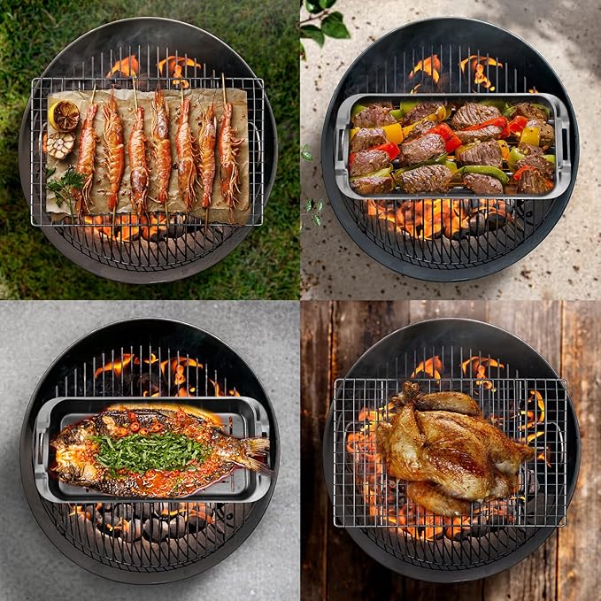 Grill Basket Set, 6-Piece Stainless Steel Large Grill Pans, 16.5" x 11" Pan, Outdoor Grill with Cooling Rack for Vegetables, Fish, Meat, Great Grilling Gifts for Men