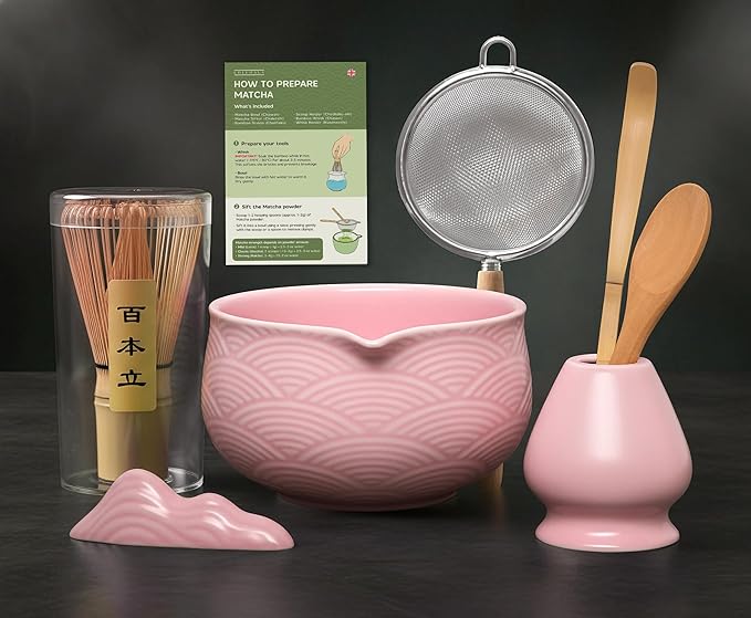 Matcha Kit Whisk Set (7 Pcs) - Complete Matcha Set, Matcha Bowl with Spout, Whisk with Holder, Bamboo Scoop with Rest and Sifter, Perfect Kit for Matcha Lovers (Sakura Pink)