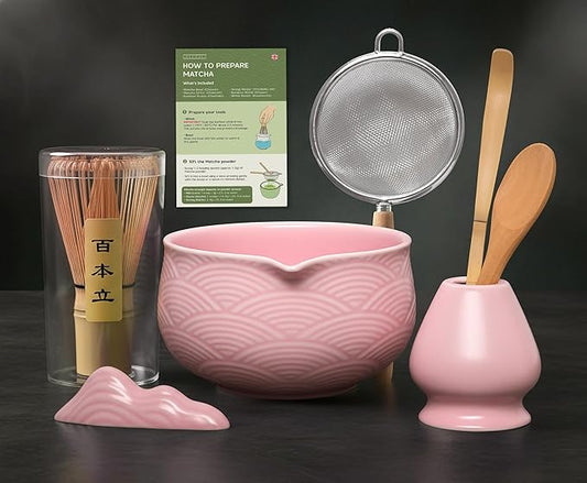 Matcha Kit Whisk Set (7 Pcs) - Complete Matcha Set, Matcha Bowl with Spout, Whisk with Holder, Bamboo Scoop with Rest and Sifter, Perfect Kit for Matcha Lovers (Sakura Pink)