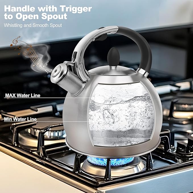 Stainless Steel Whistling stovetop Kettle,Whistling Tea Kettle,Vintage-StyleTeapot for Stove,Durable and Rust-Resistant,With a Pot Holder Included,2.64 Quart(Brushed Style)