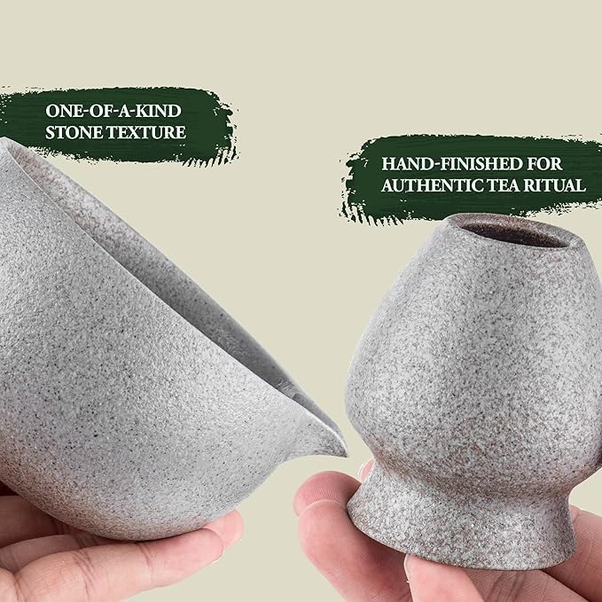 Stone-Texture Gray Matcha Whisk Set with Pouring Spout – Japanese Matcha Kit with Handcrafted Ceramic Bowl, Bamboo Whisk, Scoop, and Holder for Authentic Tea Ceremony