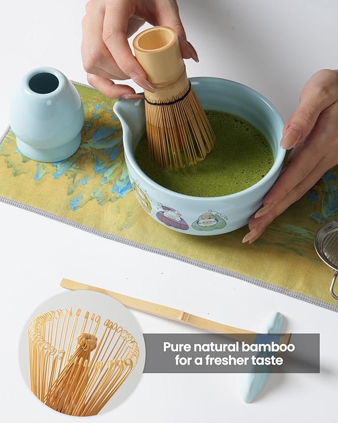 Matcha Whisk Set 7 Pcs Ceramic Matcha Kit with Bowl,Bamboo Whisk & Holder,Scoop,Rest,Stainless Steel Sifter,Tea Towel–Traditional Japanese Tea Ceremony Tools Set(Blue)