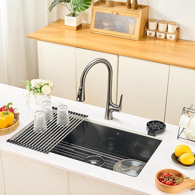 33 Inchs Undermount Kitchen Sink,33 x 19 x 9 Inch Black-Grey Single Bowl Sinks,16 Gauge Stainless Steel Nano Black Sinks with Accessories for Workstation, Prep Kitchen, Bar Sink Drop-in