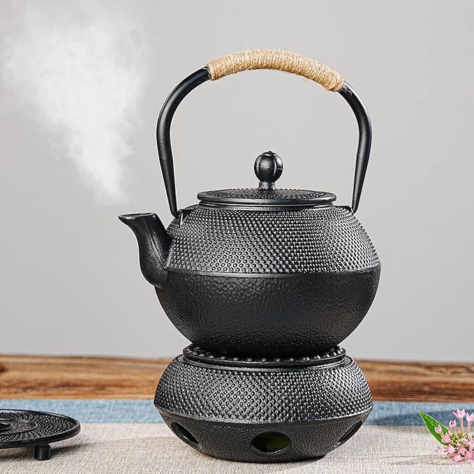 Sungmor Black Cast Iron Teapot, Japanese Tetsubin Tea Kettle for Loose Leaf, Durable Heat-Retaining Tea Set with Stainless Steel Infuser and Enameled Interior, 42 oz/1200 ml