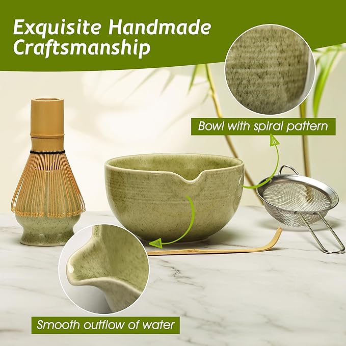 Matcha Tea Set 5 Pcs, Japanese Traditional Ceramic Bowl, Bamboo Whisk (Chasen), Scoop (Chashaku), Whisk Holder,Stainless Steel Sifter