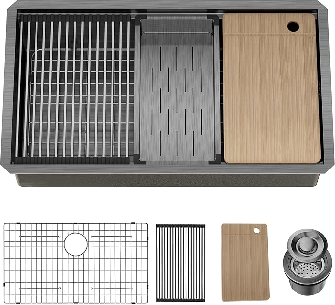 32 Inch Undermount Black Stainless Steel Kitchen Sinks,32x19x9 Inch Deep Single Bowl KitchenSink, 16 Gauge Workstation Kitchen Sink, Modern Undermount Kitchen Sink with Ledge and Accessories