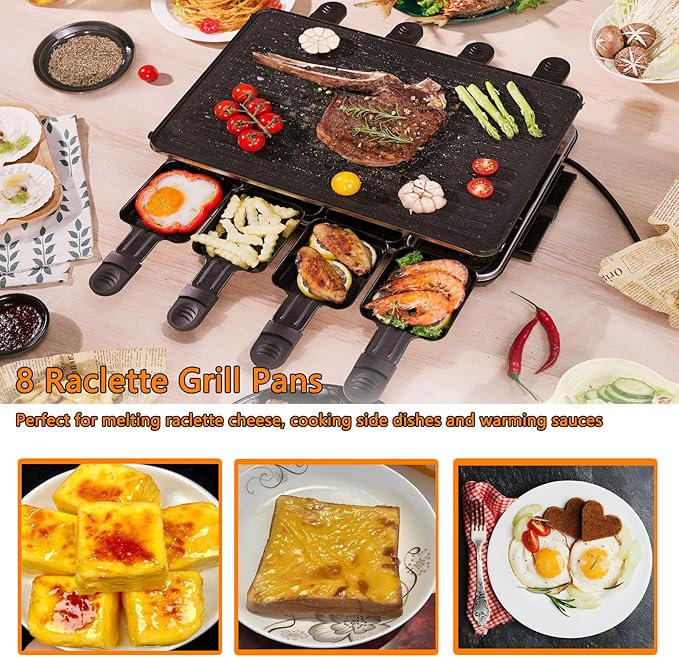 Korean BBQ Grill 2 in 1 Electric Griddle, Nonstick Electric Raclette Grill with 8 Raclette Pans, Adjustable Temperature 1300W,Reversible Smokeless for Indoor Family Party