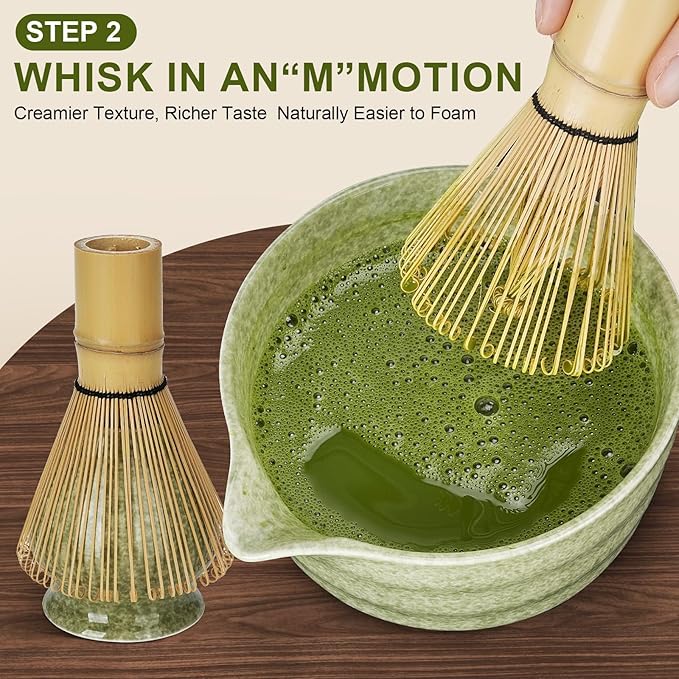 Matcha Whisk Set of 7 | Green Ceramic Matcha Tea Set – Matcha Bowl with Spout, Bamboo Whisk & Holder, Scoop & Rest, Sifter, Tea Towel – Japanese Tea Ceremony Starter Gift Set