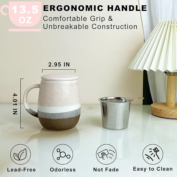 13.5 OZ Reactive Glaze Tea Mugs with Infuser and Lid, Loose Leaf Tea Infuser Cup, Ceramic Steeping Teacup with Filter for Single, Microwave & Dishwasher Safe, Pink