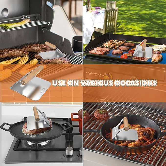 Onlyfire 5.5 Inch Burger Smasher, 304 Stainless Steel Square Burger Press with Wooden Handle for Flat Top Griddle Grill, Great for Cooking Bacon, Sandwiches, Meat, Steak