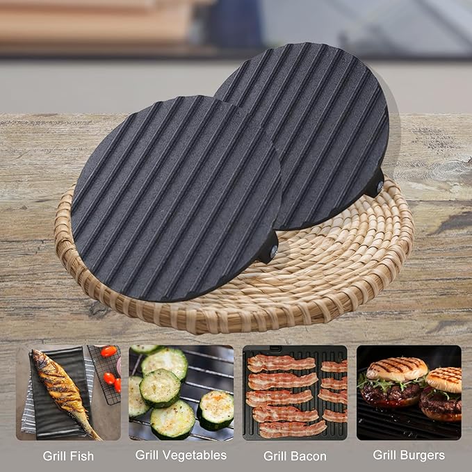 HTB Heavy-Duty Cast Iron Barbecue Press, Wood Handle Meat Steak Smash for Juicy Crispy Burgers on BBQ, Griddle, Camping Round