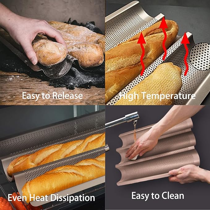 Baguette Pans for Baking 15" x 11", Carbon Steel 3 Loaf Nonstick Baguette Baking Tray for French & Italian Perforated French Bread Pan