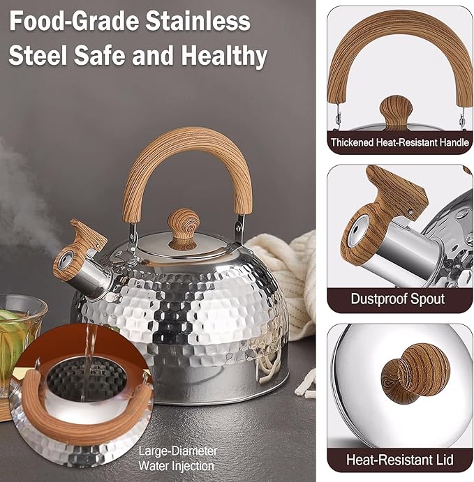 Tea Kettle, Food Grade Stainless Steel with Wood Pattern Folding Handle, Whistling Kettle for Induction, Gas, and Electric Stovetops (2 liters)