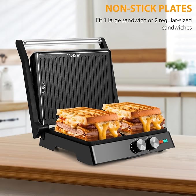 SUSTEAS Panini Press Sandwich Maker and Electric Indoor Grill with Temperature Time Setting, Easy Clean Nonstick Grids, Opens 180°/105° to Fit Any Type or Size of Food, 1400W, BBQ, Black