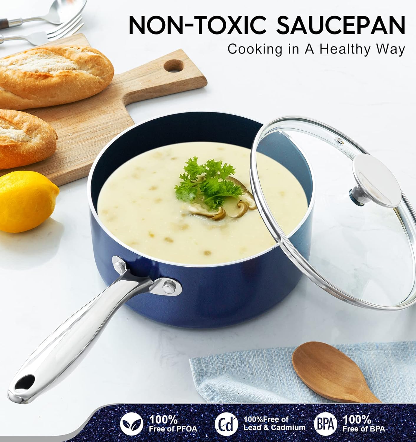 MICHELANGELO 3 Quart Saucepan with Lid, Nonstick Ceramic Sauce Pan with Stainless Steel Handle, 3 Qt Saucepan with Lid Induction Compatible, Oven Safe, Blue