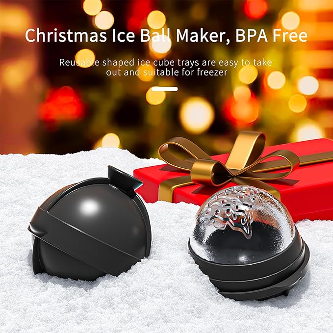 Novelty Christmas Snowflake Tree Ball Ice Maker Mold Set of 4, Funny Christmas Snowflake Tree Gifts for Women, 2.36" Large Sphere Round Ice Cube Molds for Whiskey, Bourbon, Cocktails