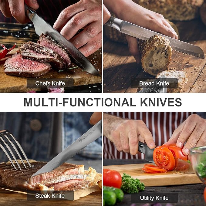 Harriet 13-Piece Knife Block Set with Sharpener | German Stainless Steel, Rustproof & Non-Stick | Includes Chef, Santoku, Bread & Steak Knives | Marble Finish Block