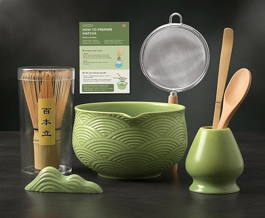 Matcha Kit Whisk Set (7 Pcs) - Complete Matcha Set, Matcha Bowl with Spout, Whisk with Holder, Bamboo Scoop with Rest and Sifter, Perfect Kit for Matcha Lovers (Green Mist)
