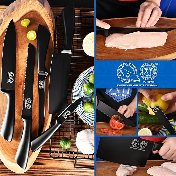 XYJ Knives,Professional Knife Sets for Master Chefs,Meat Cleaver Butcher for Camping,Chef Knife Set with Bag (Full Black)