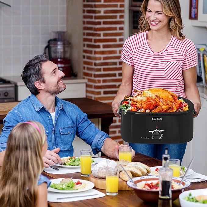 Roaster Oven, Electric Roaster Oven with Viewing Lid, Large Roaster with Removable Pan & Rack, Turkey Roaster with Unique Defrost/Warm Function, Stainless Steel, Black, 24QT