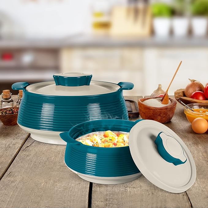Milton Casserole for hot food, Double walled insulated inner Stainless Steel hot pot with lid, Serving box for food and roti, insulated serving bowl with lid, Set of 3 Venice, Marble Green