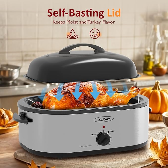 Sunvivi Electric Roaster,18 Quart Roasting Oven with Self-Basting Lid Removable Pan,Turkey Roaster Oven with 150 to 450F Temperature Control Cool-Touch Handles,Silver