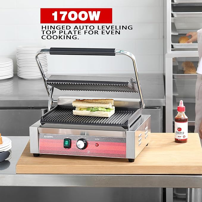 Commercial Panini Press Grill with Grooved Plates Electric Sandwich Maker with Adjustable Temp Control 110V 1700W 14"×9.5" Ribbed Enamel Plates for Breakfast and Hamburger in Home Kitchen