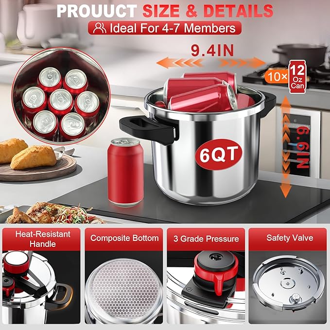 18/8 Stainless Steel Pressure Cooker 6 Quart, [One-Hand Locking] Olla de Presion, [3-In-1] Pressure Cooker, Induction Compatible, Gas Stovetop Compatible,Includes Glass Lid & Steamer