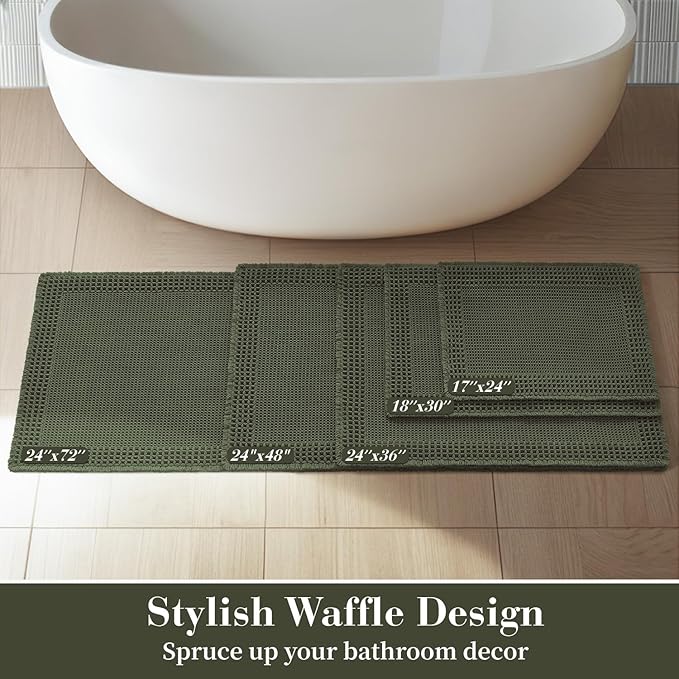 RESARE Waffle Bath Mat for Bathroom, Super Absorbent Bathroom Rugs Non Slip Machine Washable, Ultra Soft Quick Dry Boho Bath Rugs with Tassels for Floor, Upgraded Bordered Design, 17"x24" Green