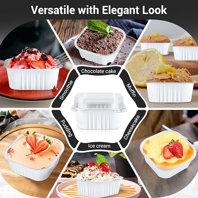 EUSOAR Disposable Ramekins with Lids, 10oz 100pcs Aluminum Foil Baking Cups, Creme Brulee Cups, Muffin Cups for Baking, Square Cupcake Pans, Mini Cake loaf Bread Containers