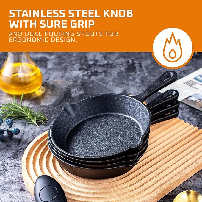 Bruntmor 6, 7.5, 10 Inches Black Pre-Seasoned Cast Iron Frying Pan Set of 3, Oven Safe Cast Iron Skillet, Cast Iron Grill Pan Set, Nonstick Cookware and Bakeware for Casserole Dish