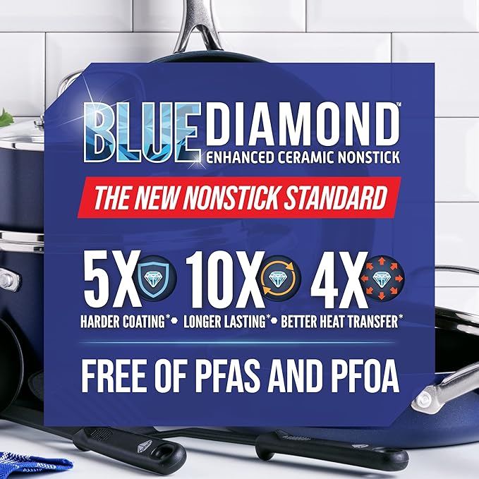 Blue Diamond 12" Nonstick Frying Pan Skillet, Diamond Infused PFAS & PTFE-Free Ceramic Pot, Dishwasher & Oven Safe, Stay Cool Handle, Durable Non Toxic Metal Utensil Safe, Egg & Omelet Pan, Blue