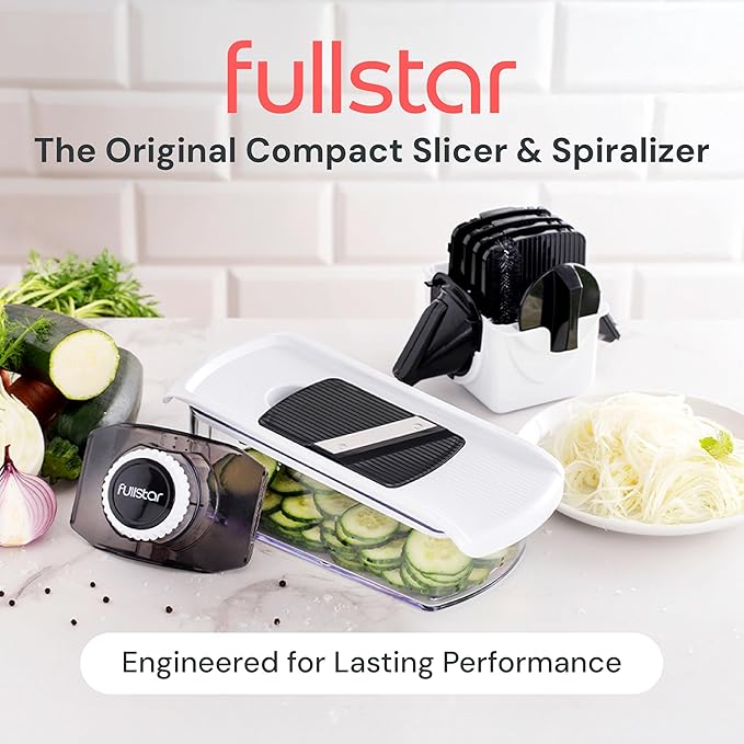 Fullstar Mandoline Slicer for Kitchen, Fruit Cutter, Cheese Grater, Cucumber Slicer, Veggie Spiralizer, Food Cutter & Kitchen Gadgets with Safety Glove (6 in 1, White)