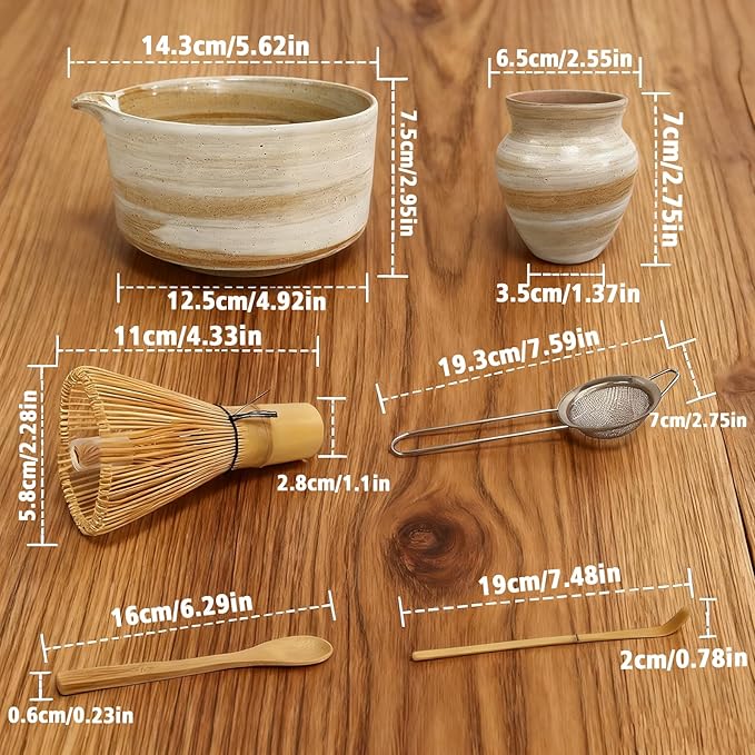 Matcha Whisk Set, Matcha Set, 6 Pieces, with Bamboo Whisk, Ceramic Bowl & Sifter Complete Matcha kit Tea Includes Scoop & Spout Bowl, Traditional Japanese Tea Accessories for Home (set of 6)