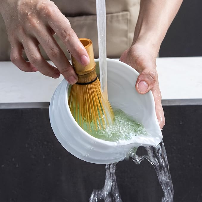 Matcha Whisk Set- Matcha Set includes Matcha Whisk and Bowl with Spout, Sifter, Holder and Scoop- The Perfect Bamboo Whisk for Matcha Tea (White)