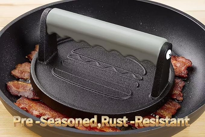 Smash Burger Press 6.7-Inch Round Cast Iron Grill Press with Ergonomic Silicone Handle – Heavy-Duty Bacon with Unique Burger Design for Even Grilling