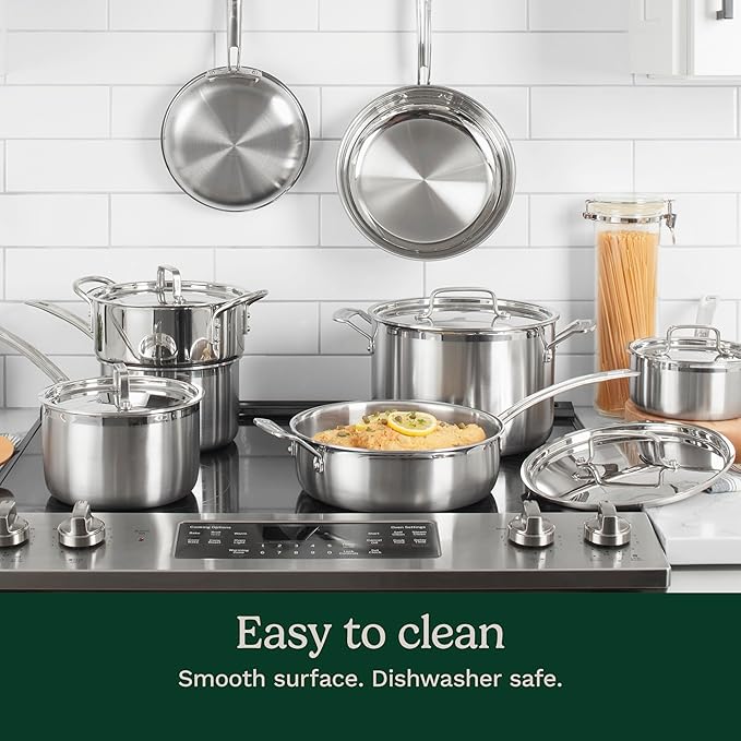 Cuisinart 12-Piece Cookware Set, MultiClad Pro Triple Ply Stainless Steel Cookware Set, Heat Surround Technology, Cool Grip Stick Handles, Oven Safe Up to 500°F, MCPS-12N, Silver