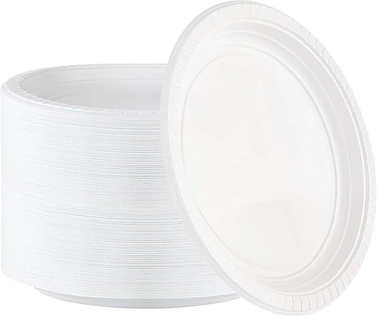 PLASTICPRO 9 inch Round Plastic Plates Microwaveable, Disposable, White, Dinnerware 200 Count