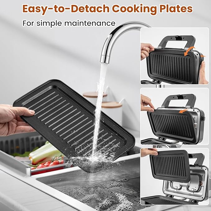 KOTEK 3 In 1 Sandwich Maker, Waffle Maker with Removable Plates, 5-Gear Temperature Control, Non-Stick Coating, Cool Touch Handle & Indicator Lights, Panini Press for Breakfast, 1200W