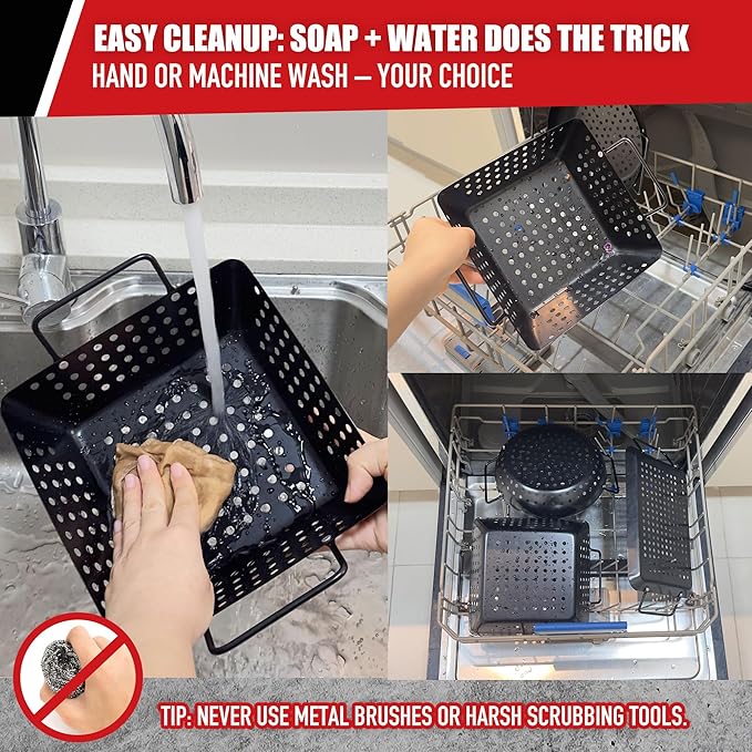 Small Non-Stick 3 Piece Grill Basket Set – BBQ Grilling Basket for Vegetables, Seafood & Meat – Heavy Duty Perforated Grill Pan for Charcoal, Gas and Outdoor Grills, Easy to Clean Grilling Accessories