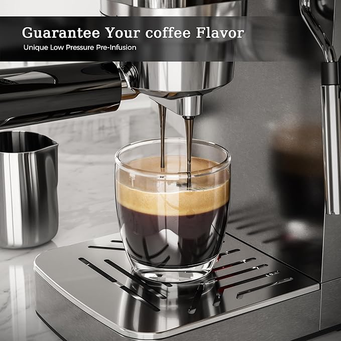 Kismile Espresso Machine 20 Bar, Espresso Maker with Milk Frother Steam Wand, Compact Cappuccino & Latte Machine with 40oz Removable Water Tank for Home, Stainless Steel