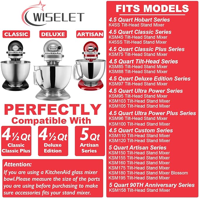 Stainless Steel Accessories for KitchenAid 4.5-5 Qt Tilt Head Stand Mixer, Includes 6 Wire Whisk, Flat Beater, Dough Hook for KitchenAid, Dishwasher Safe and Heavy Duty, Fits for KSM45, KSM150