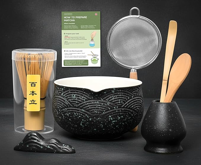 Matcha Kit Whisk Set (7 Pcs) - Complete Matcha Set, Matcha Bowl with with Bowl, Whisk and Holder, Bamboo Spoon/Scoop, Scoop Rester and Sifter incl. Booklet