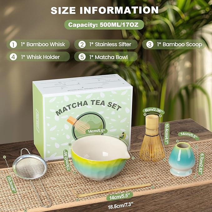 Matcha Set,5 Pcs Matcha Whisk Set Includes Bowl with Spout, Whisk,Holder,Bamboo Scoop and Sifter- Matcha Kit for Making Breakfast/Latte,Gift for Lovers（Gradient）