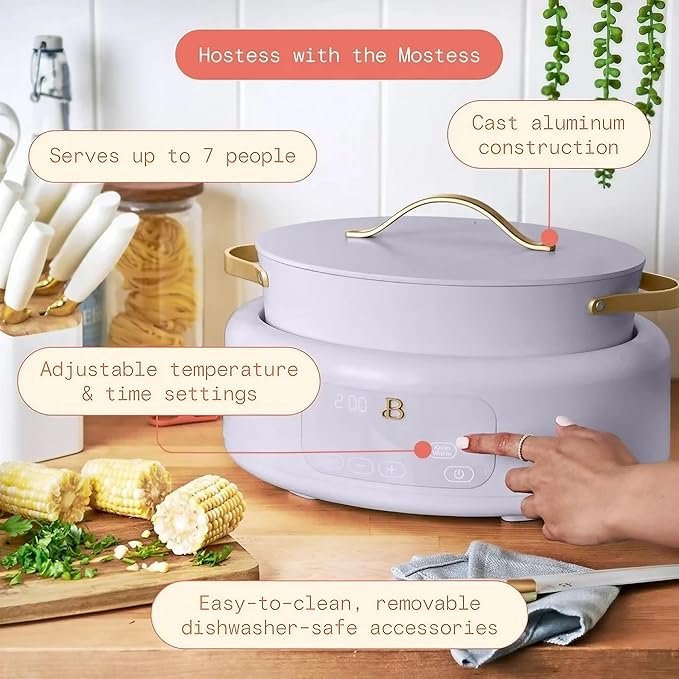 Beautiful 10-in-1 6Qt Electric Multi-Cooker by Drew Barrymore – Slow and Rice Cooker, Steamer, Dutch Oven, Sauté & More – Touch Display, Oven Safe, Dishwasher Safe (Lavender)