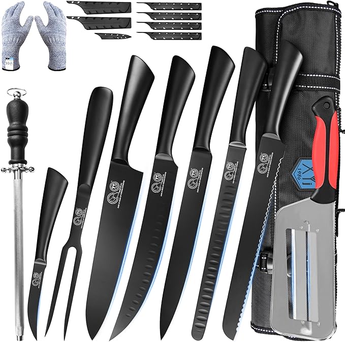 XYJ Kitchen Knife Set with Bag, Sharpening Steel, Gloves, Meat Fork, Stainless Steel Slicing Carving Bread Ham Chef Knives,Bird-beak Paring Knife, Ergonomic Handle