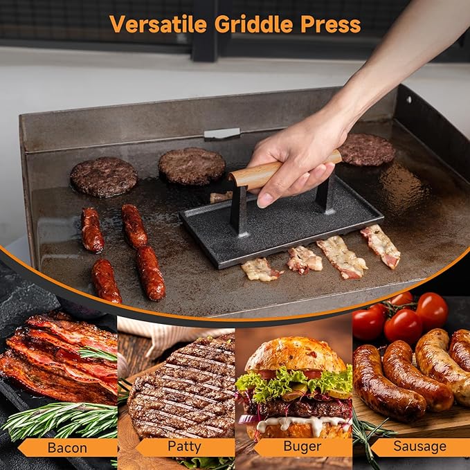 SHINESTAR Bacon Press, 8" × 4" Cast Iron Grill Press for Blackstone Griddle, Ideal for Bacon, Burger, Panini, Pre-Seasoned, Indoor and Outdoor Cooking, Rectangle